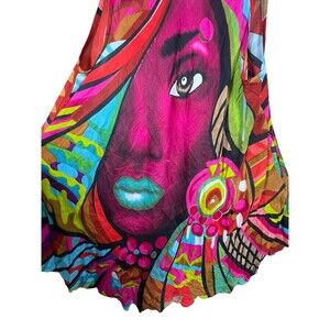 Jack Pot Abstract Art Dress OS Rayon Handkerchief Hem Colorful Graphic Face Boho